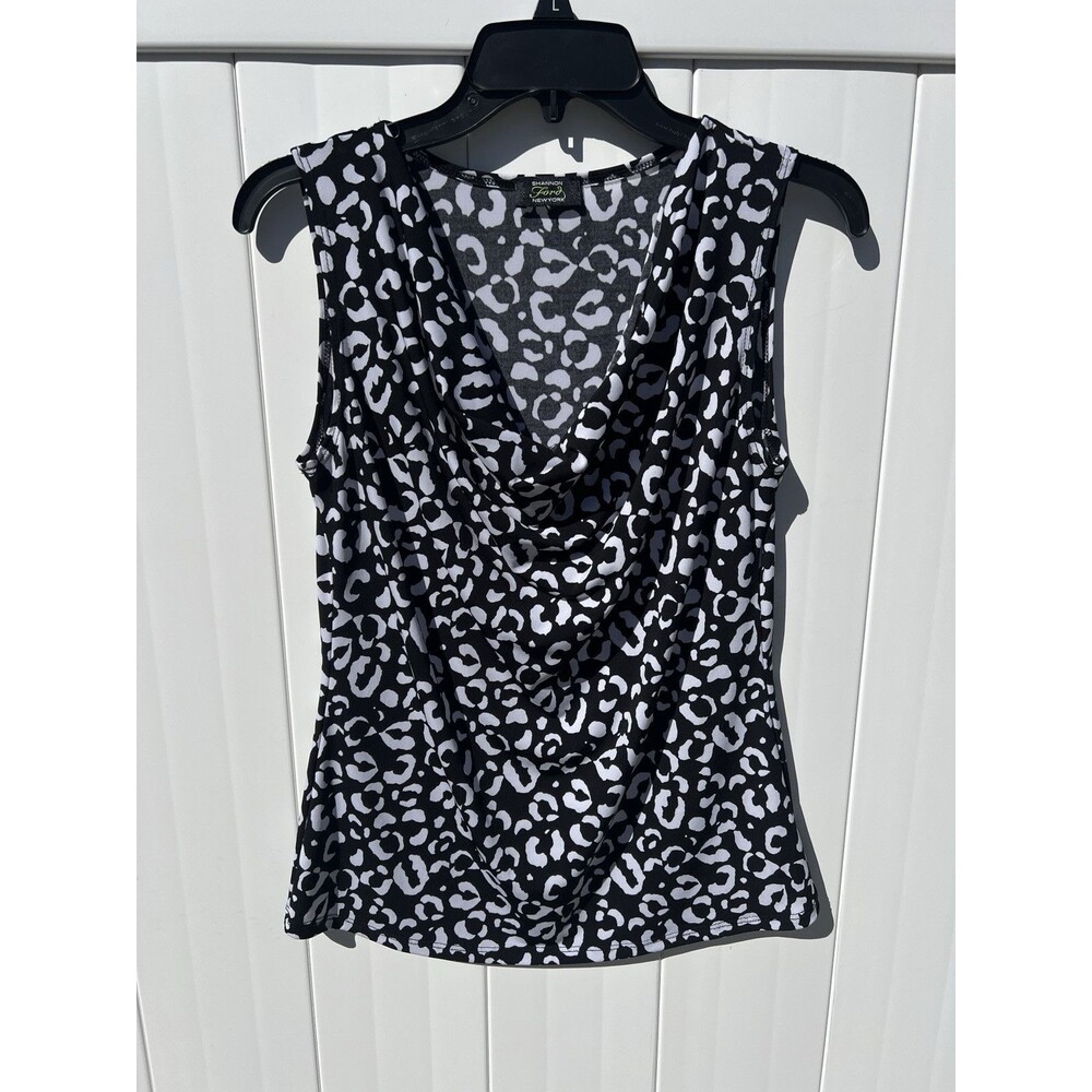 Shannon Ford New York Women's Top Drape Neck Sleeveless Cheetah Print Black